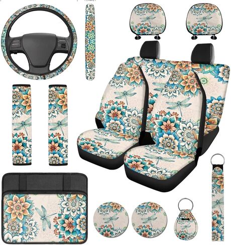 14 Pcs Tiger Print Car Seat Cover Set Auto Steering Wheel Cover Armrest Cushion Head Rest Protector Seat Belt Covers,Animal Print Yellow Automotive Interior Sets Unverisal Fit Cars SUV Turcks in Saudi Arabia
