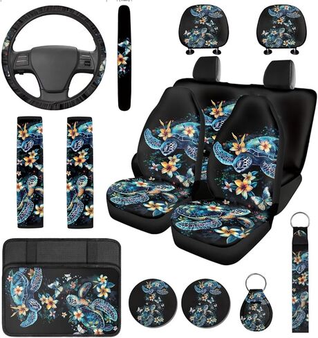 14 Pcs Tiger Print Car Seat Cover Set Auto Steering Wheel Cover Armrest Cushion Head Rest Protector Seat Belt Covers,Animal Print Yellow Automotive Interior Sets Unverisal Fit Cars SUV Turcks in Saudi Arabia