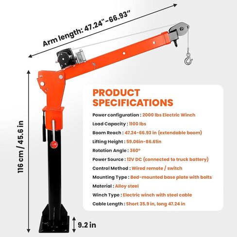 Alloy Steel Crane with 3-Postinon Adjustable Boom, 2000LBS Electric Winch Truck Crane with 360° Swivel, 47-67" L Truck Bed Crane, 110V Jib Crane, Electric Hoist for Pickups Lifting (2000LBS) in Saudi Arabia