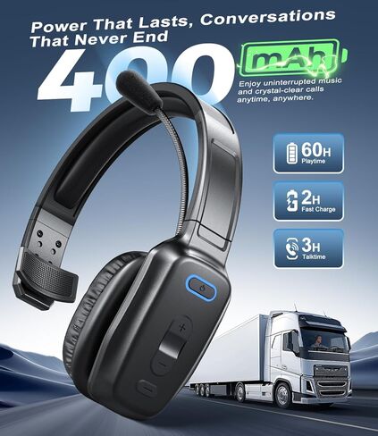 سماعة رأس بلوتوث، سماعة رأس لاسلكية لسائقي الشاحنات مع ميكروفون لإلغاء الضوضاء، سماعة رأس لسائق الشاحنة مع زر كتم الصوت، تعمل لمدة 60 ساعة للعمل في مكتب الهاتف المحمول in Kuwait