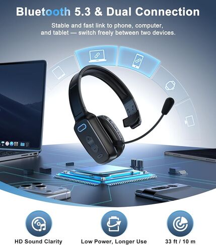 سماعة رأس بلوتوث، سماعة رأس لاسلكية لسائقي الشاحنات مع ميكروفون لإلغاء الضوضاء، سماعة رأس لسائق الشاحنة مع زر كتم الصوت، تعمل لمدة 60 ساعة للعمل في مكتب الهاتف المحمول in Kuwait