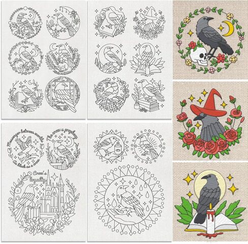 18Pcs Goth Crow Water Soluble Hand Sewing Stabilizers, 8.3"x11.7" Crow Flower Halloween Embroidery Pattern Stabilizer, 4 Sheets Animal Stick and Stitch Embroidery Paper Sticker in Saudi Arabia
