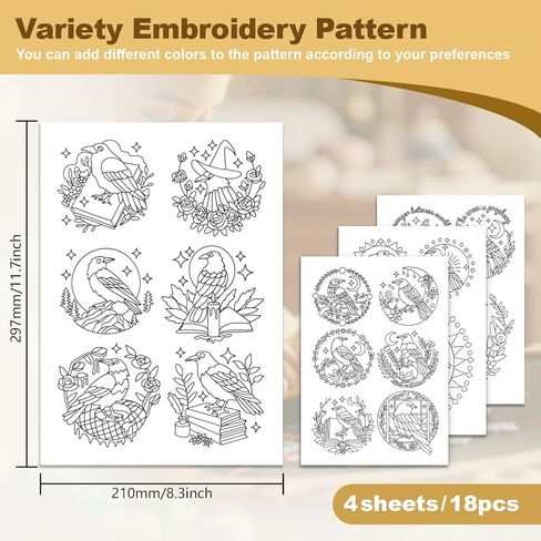 18Pcs Goth Crow Water Soluble Hand Sewing Stabilizers, 8.3"x11.7" Crow Flower Halloween Embroidery Pattern Stabilizer, 4 Sheets Animal Stick and Stitch Embroidery Paper Sticker in Saudi Arabia