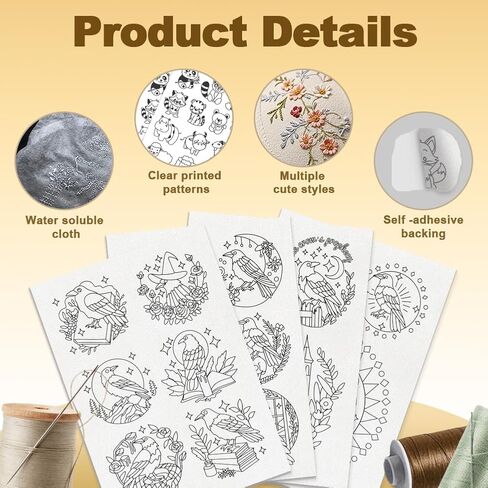 18Pcs Goth Crow Water Soluble Hand Sewing Stabilizers, 8.3"x11.7" Crow Flower Halloween Embroidery Pattern Stabilizer, 4 Sheets Animal Stick and Stitch Embroidery Paper Sticker in Saudi Arabia
