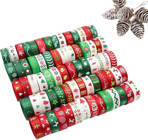 Christmas Ribbon for Gift Wrapping Random 12 Style, 12 Yards Printed Christmas Grosgrain Ribbon Holiday Xmas Decorations in Saudi Arabia