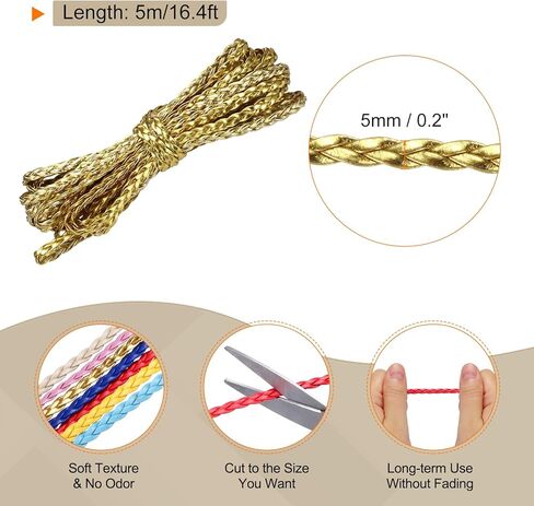 Flat Braided Leather Cord 5mm Braided Cording 5m Gold Leather Craft Strip for Jewelry Making, Necklaces, Bracelets, Belt, 16.4ft in Saudi Arabia