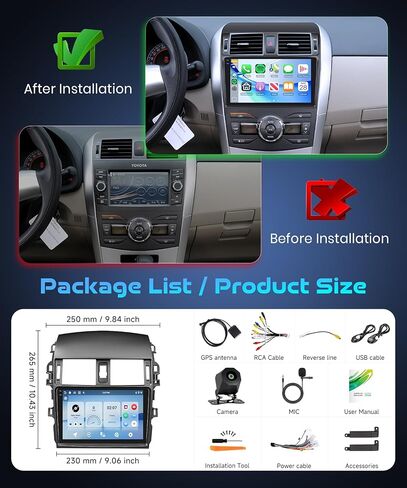 2G+64G Android Car Stereo for Toyota Corolla 2009-2013,Wireless CarPlay Android Auto Car Radio Head Unit 9‘’ Touch Screen WiFi GPS FM RDS Hi-Fi Bluetooth SWC Backup Camera Mic in Kuwait