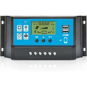 30A PWM Solar Charge Controller, 12V 24V Solar Panel Battery Intelligent Regulator with Dual USB Port, Auto Parameter Adjustable LCD Display, Timer Setting, Multiple Load Control Modes in Kuwait