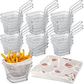 40 Pcs Mini Square Fry Basket with 400 Pcs Wax Paper Sheets French Fries Deli Paper Steel French Fry Holder Sandwich Wrapping Paper Food Basket Liners Fry Baskets with Handle for Serving in Kuwait