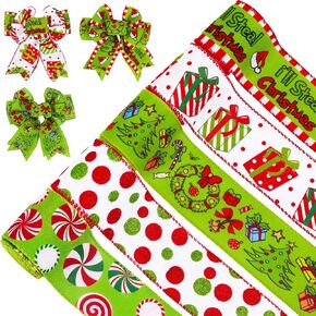 Whaline 5 Rolls Christmas Wired Edge Ribbons 2.5 in 30 Yards Xmas Funny Cartoon Character Craft Ribbon Red Green Glitter Dot Candy Fabric Wrapping Ribbon for Bow Wreath Holiday Home Decor in Kuwait