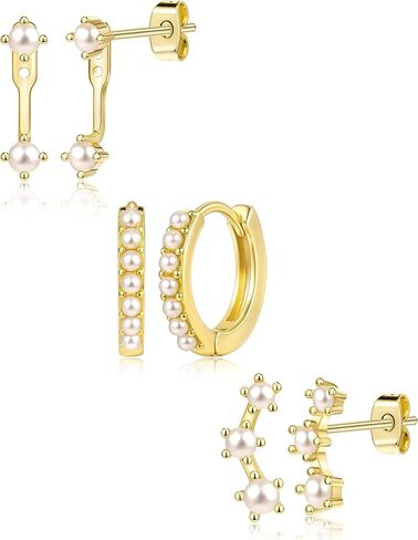 Poxtex Gold Earrings Set for Women, 14K Real Gold Cartilage Stud Huggie Jacket Earrings Set for Multiple Piercing Hypoallergenic Trendy Jewelry, Small Hoop Earrings Gifts for Women Girls in Saudi Arabia