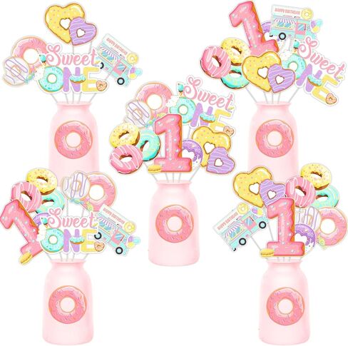 JOYMEMO 24 Pieces Donut 1st Birthday Centerpiece Sticks for Girl - Sweet One Party Decorations, Doughnut Theme Happy One Year Old Bday Table Toppers in Saudi Arabia