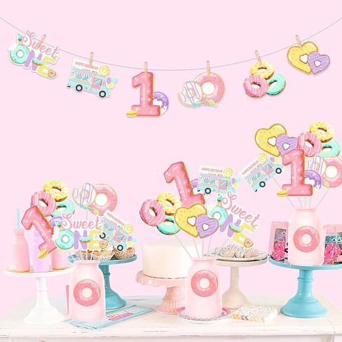 JOYMEMO 24 Pieces Donut 1st Birthday Centerpiece Sticks for Girl - Sweet One Party Decorations, Doughnut Theme Happy One Year Old Bday Table Toppers in Saudi Arabia