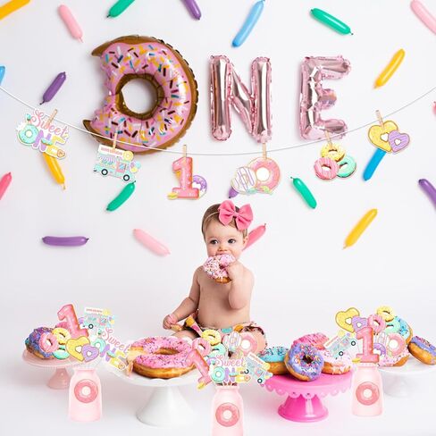 JOYMEMO 24 Pieces Donut 1st Birthday Centerpiece Sticks for Girl - Sweet One Party Decorations, Doughnut Theme Happy One Year Old Bday Table Toppers in Saudi Arabia