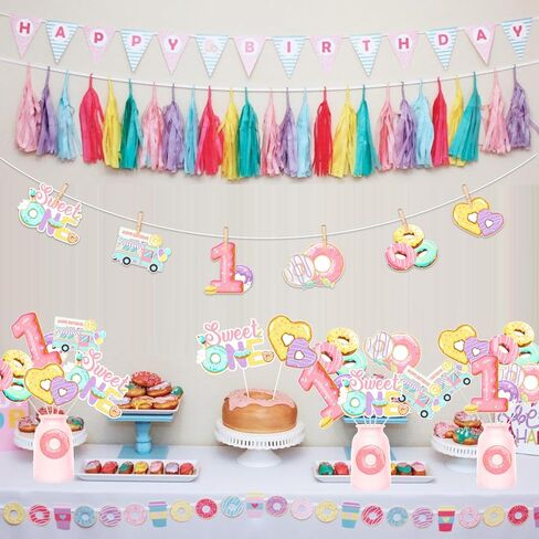 JOYMEMO 24 Pieces Donut 1st Birthday Centerpiece Sticks for Girl - Sweet One Party Decorations, Doughnut Theme Happy One Year Old Bday Table Toppers in Saudi Arabia