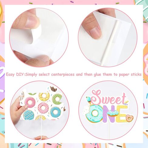 JOYMEMO 24 Pieces Donut 1st Birthday Centerpiece Sticks for Girl - Sweet One Party Decorations, Doughnut Theme Happy One Year Old Bday Table Toppers in Saudi Arabia