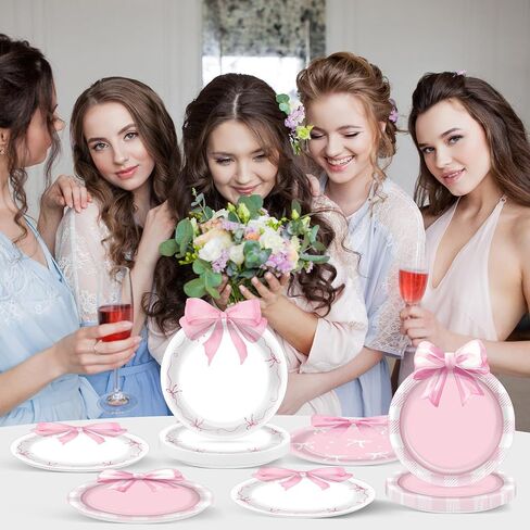 48pcs Pink Bow Paper Plates Bow Knot Shaped Plates Disposable Pink Party Tray Coquette Birthday Decor Coquette Birthday Party Supplies Bachelorette Decoration for Bridal Baby Shower Engagement Wedding in Saudi Arabia