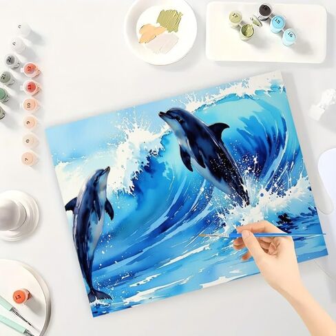 Marine Life Paint by Numbers Kit for Adults - DIY Dolphins Surfing Ocean Waves Painting on Canvas 16x20 Inches, Acrylic Paint Set, Suitable for Beginners, Sea Art for Home Decoration or Gifts in Saudi Arabia