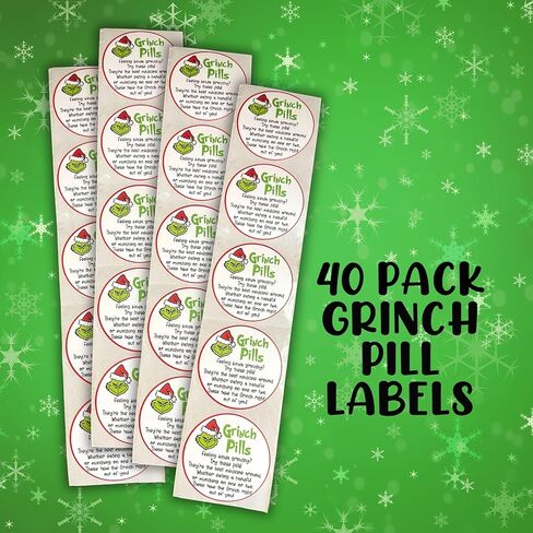 Grouch Pills 2" inch Labels for Candy | 40 Pack White and Green Stickers for Bags to Put Green Chocolates in Christmas Holiday Gift Tags Grouch Poop in Saudi Arabia