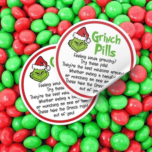 Grouch Pills 2" inch Labels for Candy | 40 Pack White and Green Stickers for Bags to Put Green Chocolates in Christmas Holiday Gift Tags Grouch Poop in Saudi Arabia