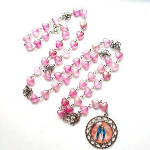 Catholic Heart Shaped Acrylic Beads Rosary Mary Blessing Prayer Necklace with Pendant Amulet Virgin Mary for Cross Pendant Wall Decoration Necklace in Saudi Arabia