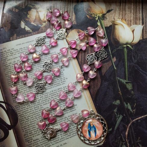 Catholic Heart Shaped Acrylic Beads Rosary Mary Blessing Prayer Necklace with Pendant Amulet Virgin Mary for Cross Pendant Wall Decoration Necklace in Saudi Arabia
