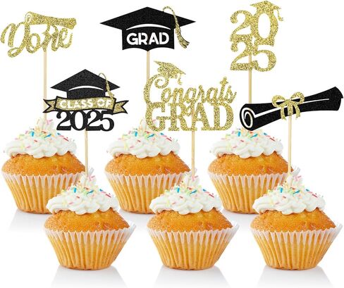 24 Pcs Graduation Cupcake Toppers 2025, Glitter Gold and Black Class of 2025 Cupcake Toppers, 6 Styles Graduation Cap Diploma Cake Picks for Grad Theme Party Cake Decorations Supplies in Saudi Arabia