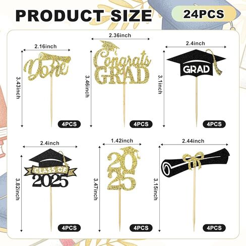 24 Pcs Graduation Cupcake Toppers 2025, Glitter Gold and Black Class of 2025 Cupcake Toppers, 6 Styles Graduation Cap Diploma Cake Picks for Grad Theme Party Cake Decorations Supplies in Saudi Arabia