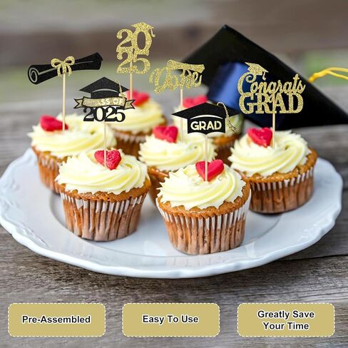 24 Pcs Graduation Cupcake Toppers 2025, Glitter Gold and Black Class of 2025 Cupcake Toppers, 6 Styles Graduation Cap Diploma Cake Picks for Grad Theme Party Cake Decorations Supplies in Saudi Arabia