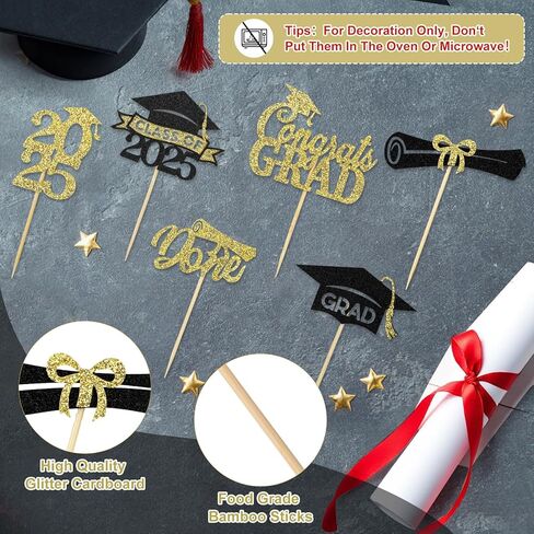 24 Pcs Graduation Cupcake Toppers 2025, Glitter Gold and Black Class of 2025 Cupcake Toppers, 6 Styles Graduation Cap Diploma Cake Picks for Grad Theme Party Cake Decorations Supplies in Saudi Arabia