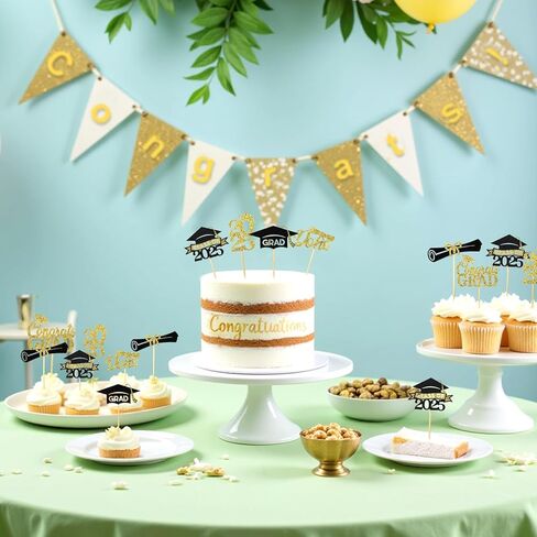 24 Pcs Graduation Cupcake Toppers 2025, Glitter Gold and Black Class of 2025 Cupcake Toppers, 6 Styles Graduation Cap Diploma Cake Picks for Grad Theme Party Cake Decorations Supplies in Saudi Arabia