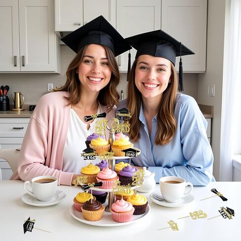24 Pcs Graduation Cupcake Toppers 2025, Glitter Gold and Black Class of 2025 Cupcake Toppers, 6 Styles Graduation Cap Diploma Cake Picks for Grad Theme Party Cake Decorations Supplies in Saudi Arabia
