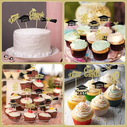 24 Pcs Graduation Cupcake Toppers 2025, Glitter Gold and Black Class of 2025 Cupcake Toppers, 6 Styles Graduation Cap Diploma Cake Picks for Grad Theme Party Cake Decorations Supplies in Saudi Arabia