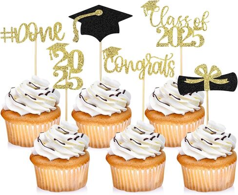 24 Pcs Graduation Cupcake Toppers 2025, Glitter Gold and Black Class of 2025 Cupcake Toppers, 6 Styles Graduation Cap Diploma Cake Picks for Grad Theme Party Cake Decorations Supplies in Kuwait