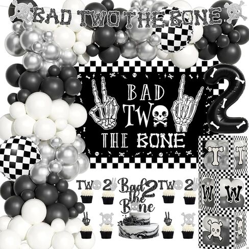 Bad Two the Bone Party Decorations Boy – 110 PCs Bad 2 The Bone Party Supplies with Backdrop, Cake Topper, Balloon Garland, Balloon Boxes, Cupcake Toppers, Cut-Outs in Saudi Arabia