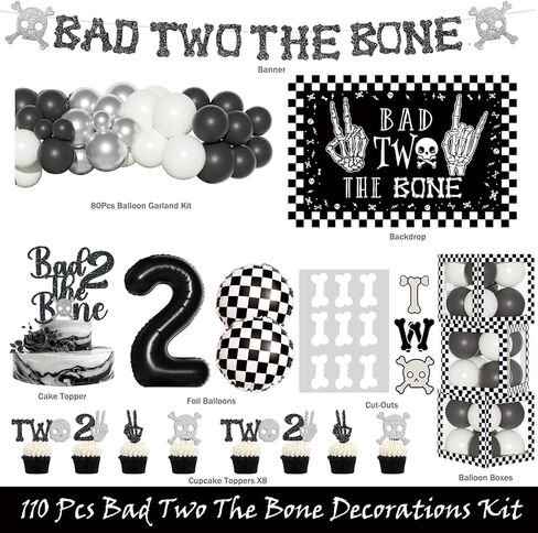 Bad Two the Bone Party Decorations Boy – 110 PCs Bad 2 The Bone Party Supplies with Backdrop, Cake Topper, Balloon Garland, Balloon Boxes, Cupcake Toppers, Cut-Outs in Saudi Arabia