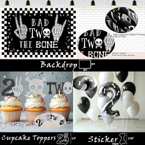 Bad Two the Bone Party Decorations Boy – 110 PCs Bad 2 The Bone Party Supplies with Backdrop, Cake Topper, Balloon Garland, Balloon Boxes, Cupcake Toppers, Cut-Outs in Saudi Arabia