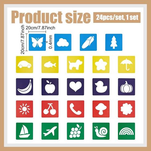 CUTHOLLOW 24 PCS Painting Stencils Sets, 8 Inch Reusable & Washable Plastic Drawing Template Sidewalk Chalk Art Stencils Kit with Animals Fruit Plant Themed Primary Shape for Craft Room Wall Paper in Saudi Arabia