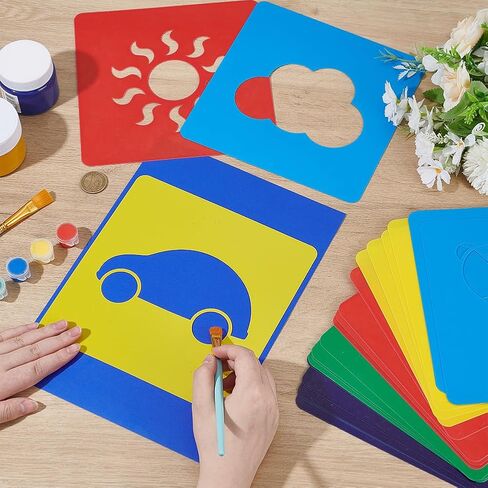 CUTHOLLOW 24 PCS Painting Stencils Sets, 8 Inch Reusable & Washable Plastic Drawing Template Sidewalk Chalk Art Stencils Kit with Animals Fruit Plant Themed Primary Shape for Craft Room Wall Paper in Saudi Arabia