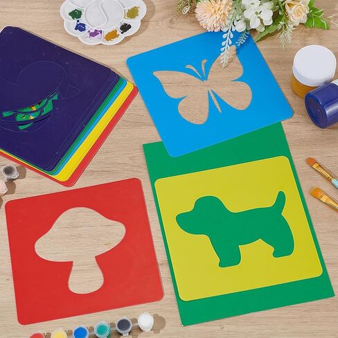 CUTHOLLOW 24 PCS Painting Stencils Sets, 8 Inch Reusable & Washable Plastic Drawing Template Sidewalk Chalk Art Stencils Kit with Animals Fruit Plant Themed Primary Shape for Craft Room Wall Paper in Saudi Arabia