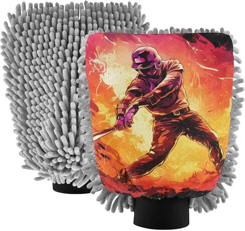 AIXIWAWA Car Wash Mitt Washing Glove Scratch Free Water Absorbent 2 Pack Large Fire Baseball Players Print in Saudi Arabia