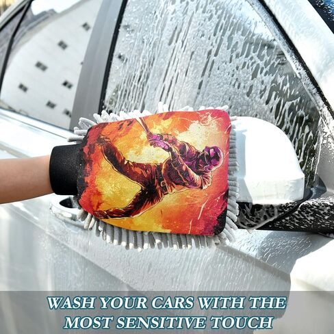 AIXIWAWA Car Wash Mitt Washing Glove Scratch Free Water Absorbent 2 Pack Large Fire Baseball Players Print in Saudi Arabia