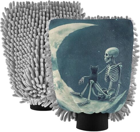 AIXIWAWA Car Wash Mitt Washing Glove Skeleton on Moon Print Scratch Free Water Absorbent 2 Pack Medium in Saudi Arabia