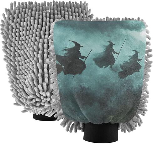 AIXIWAWA Car Wash Mitt Washing Glove Scratch Free Water Absorbent 2 Pack Large Halloween Witches Print in Kuwait