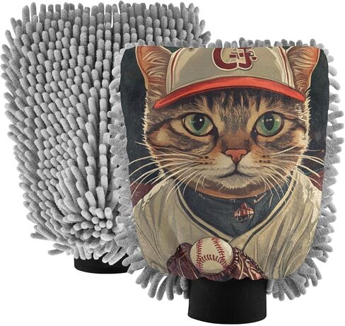 AIXIWAWA Car Wash Mitt Washing Glove Baseball Cat Print Scratch Free Water Absorbent 2 Pack Large in Saudi Arabia