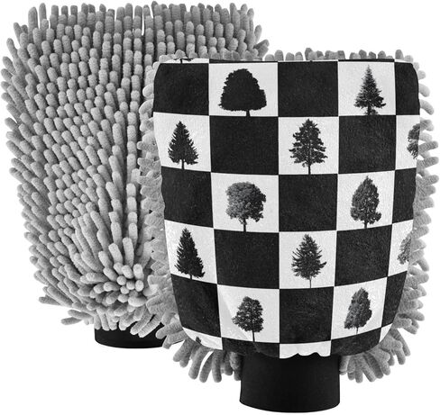 AIXIWAWA Tree Checkered Print Car Wash Mitt Washing Glove Scratch Free Water Absorbent 2 Pack Medium in Saudi Arabia