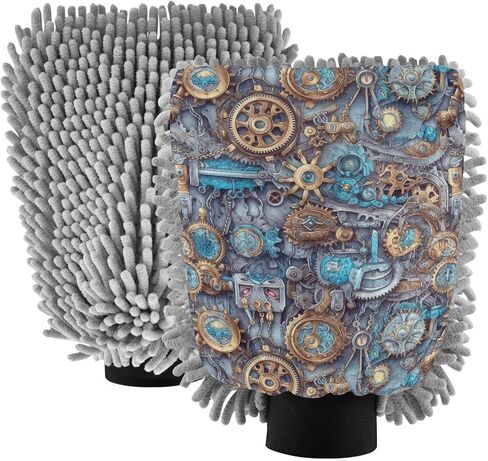 AIXIWAWA Car Wash Mitt Washing Glove Scratch Free Water Absorbent 2 Pack Medium Steampunk Gears Print in Saudi Arabia