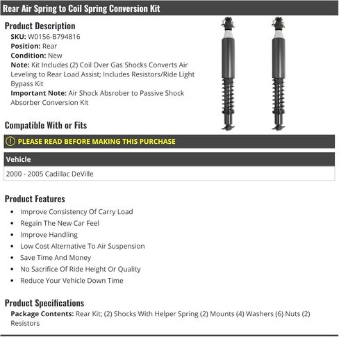Rear Air Spring to Coil Spring Conversion 2 Piece Kit - Compatible with 2000-2005 Cadillac DeVille in Saudi Arabia