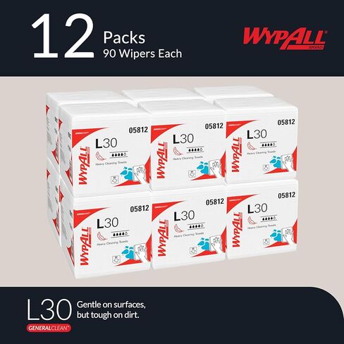 WypAll® GeneralClean™ L30 Heavy Duty Cleaning Towels (05812), Quarterfold, Strong and Soft Towels, White (90 Sheets/Pack, 12 Packs/Case, 1,080 Sheets/Case) in Saudi Arabia