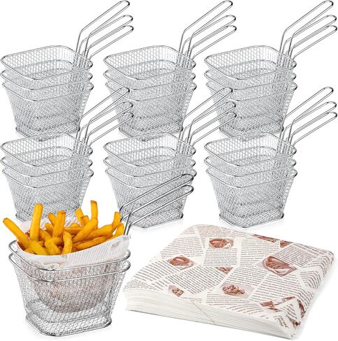 40 Pcs Mini Square Fry Basket with 400 Pcs Wax Paper Sheets French Fries Deli Paper Steel French Fry Holder Sandwich Wrapping Paper Food Basket Liners Fry Baskets with Handle for Serving in Kuwait